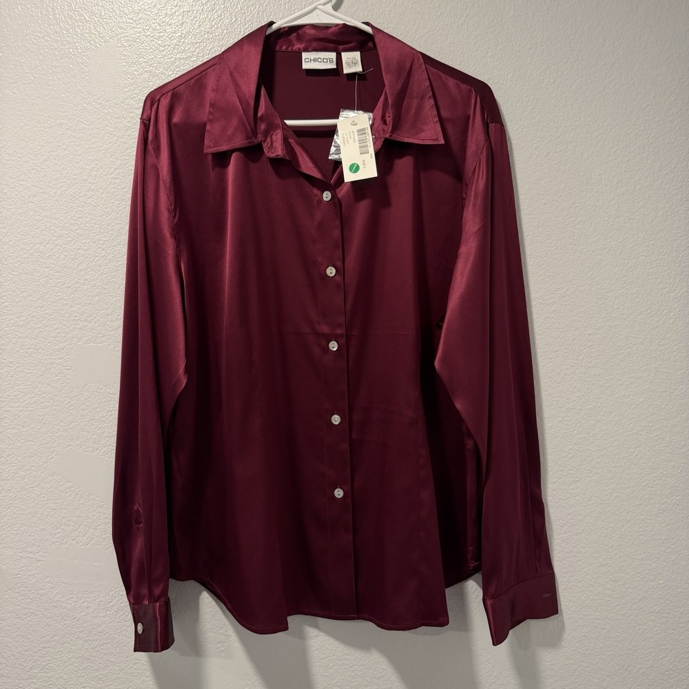 Chico's Size-2 Womens Blouse SILK Burgundy Buttondown